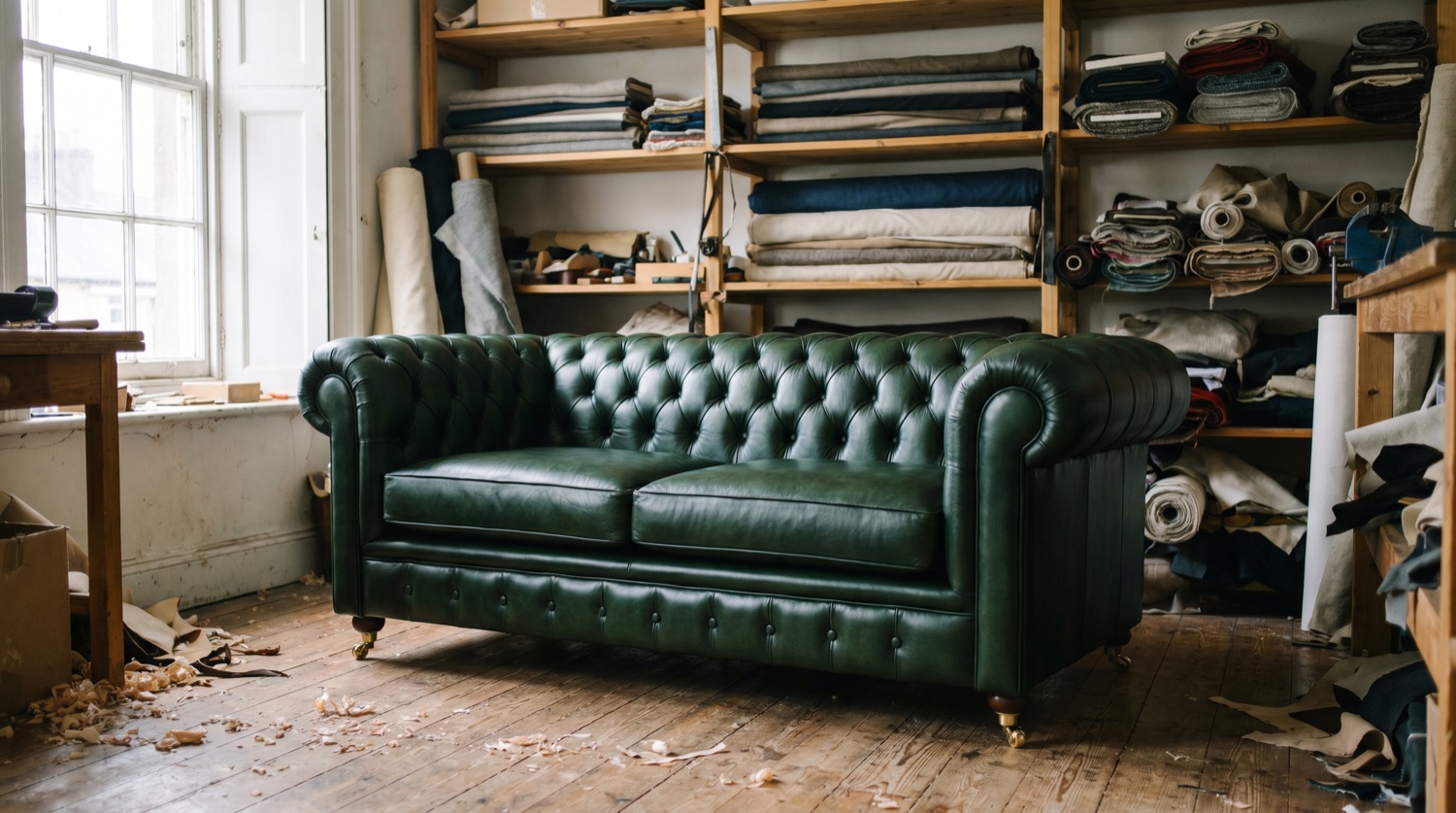 The same Chesterfield re-hided in bottle-green leather