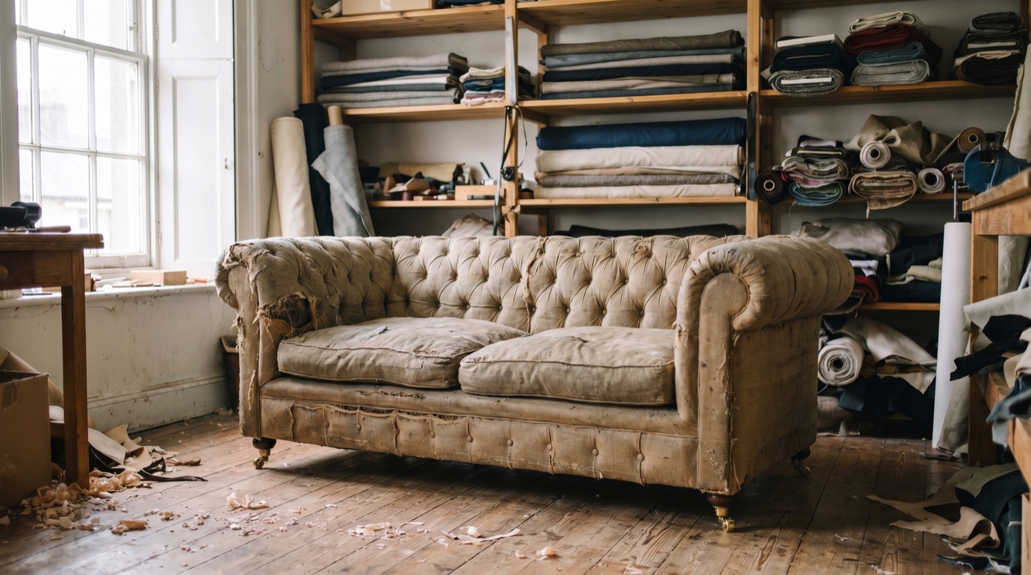A faded, cracked leather Chesterfield sofa before restoration