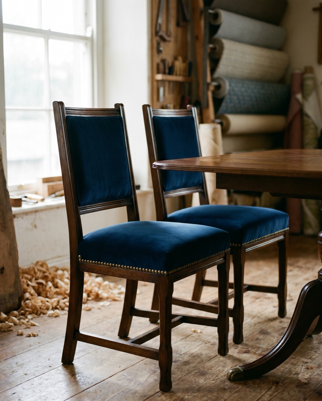 The same dining chairs recovered in navy velvet