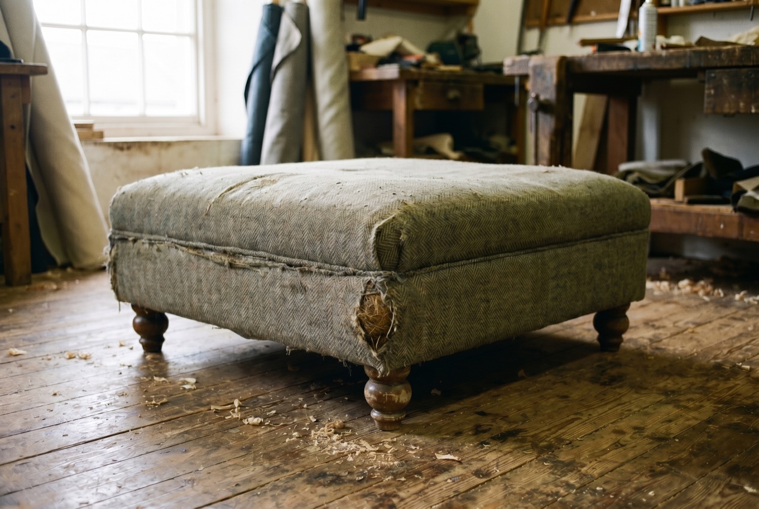 A worn footstool with frayed cover before restoration