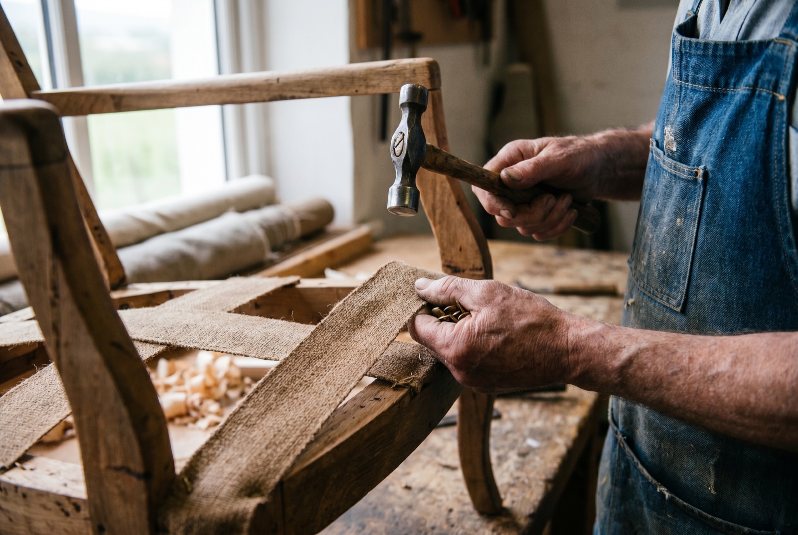 Brian Hartnett tacking webbing across a stripped chair frame