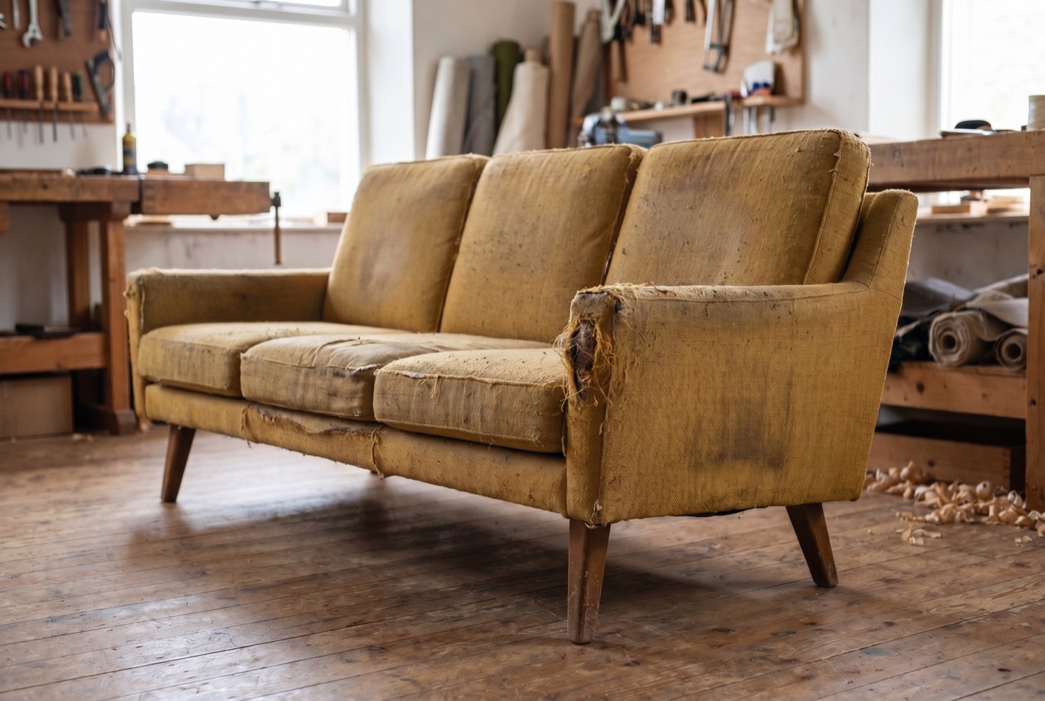 A tired mid-century sofa with worn fabric before restoration
