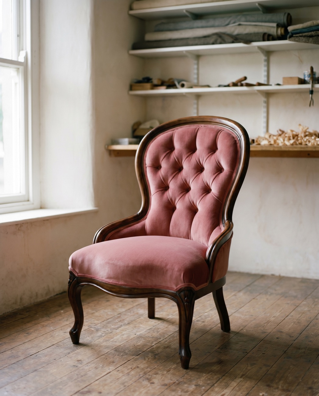 The same spoon-back chair reupholstered in rose velvet with deep buttoning