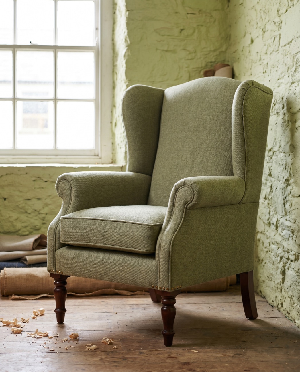 The same wingback armchair reupholstered in sage-green wool