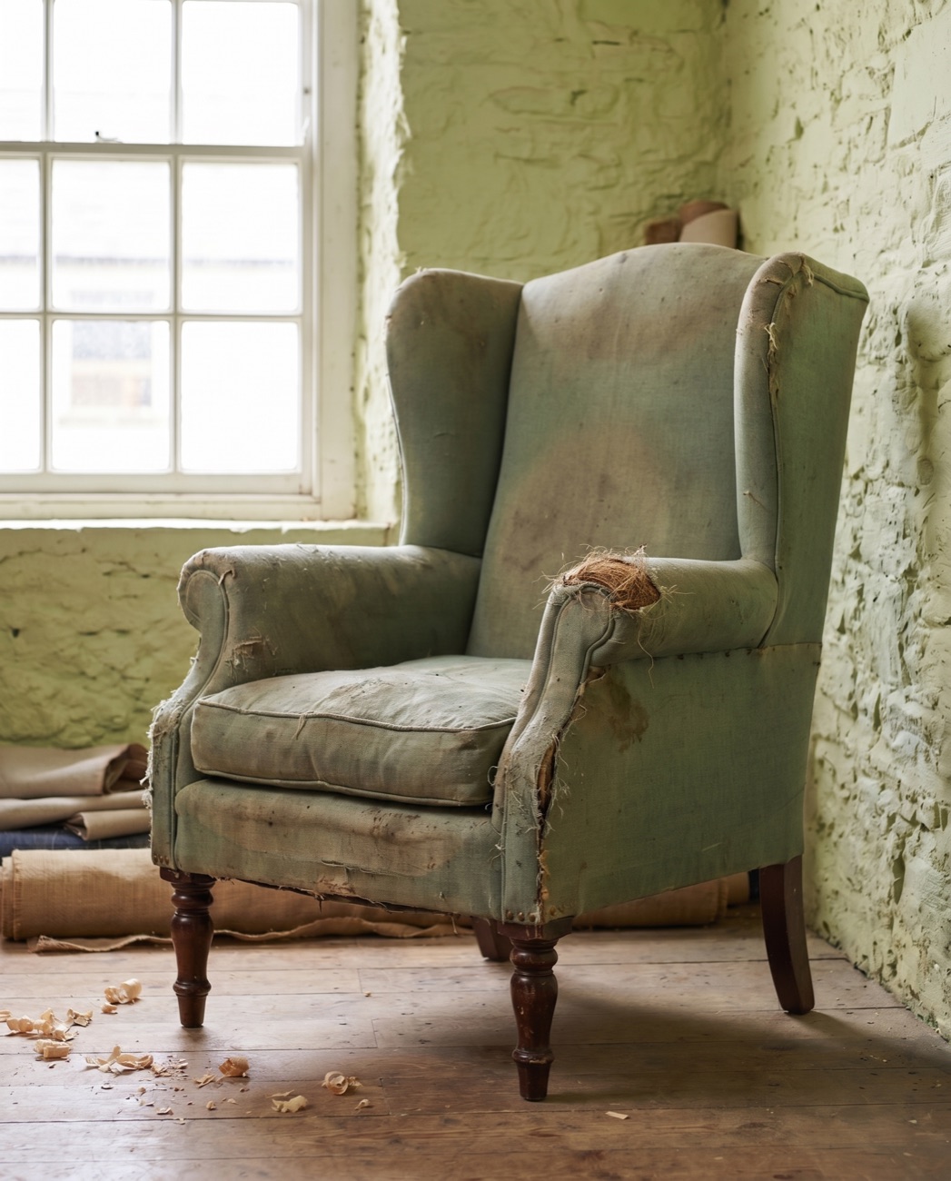 A worn wingback armchair with faded, torn fabric before restoration